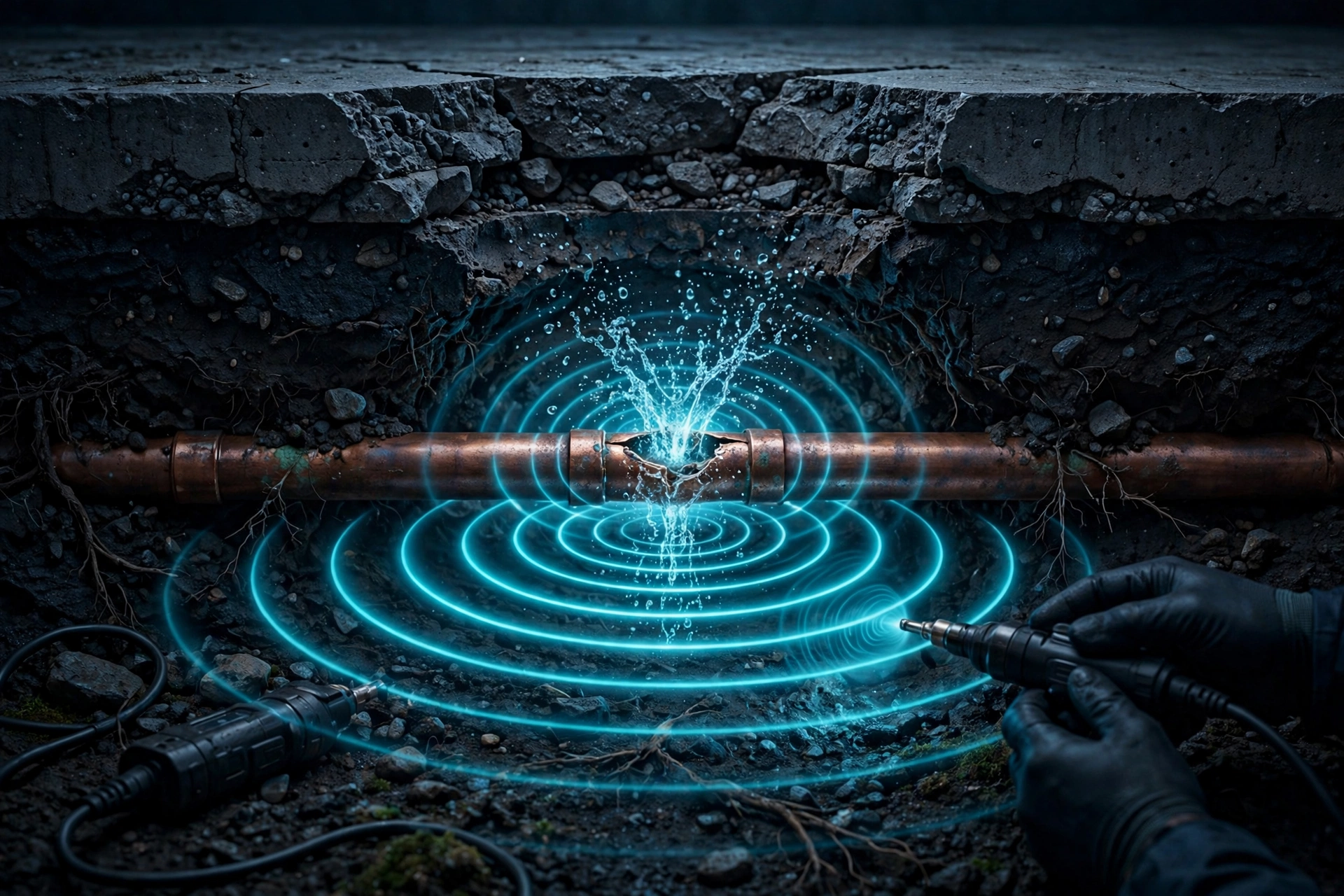 Underground water pipe cutaway with a hidden leak located by acoustic sound waves