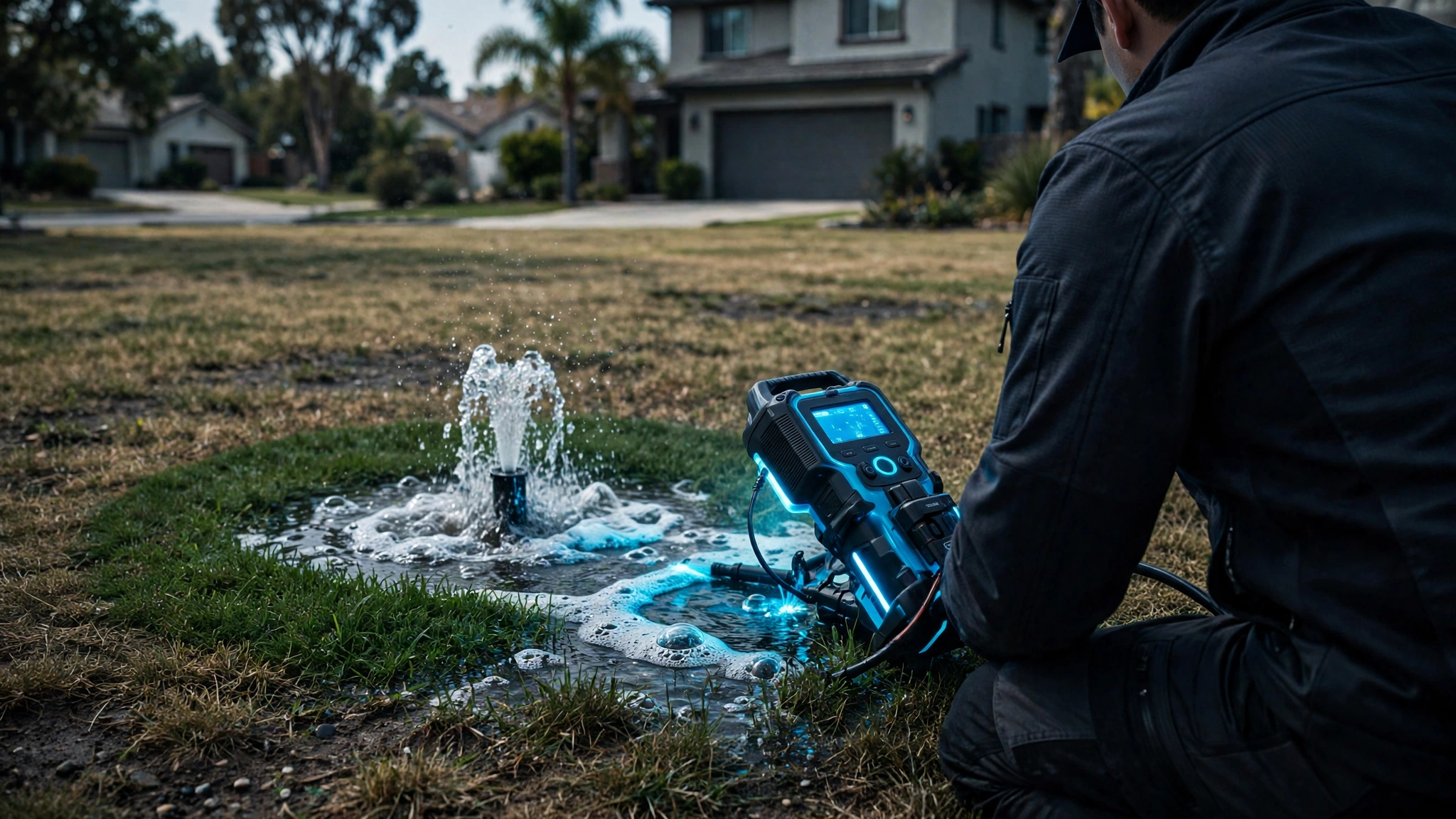 Residential lawn in Camarillo with a leaking sprinkler zone being diagnosed