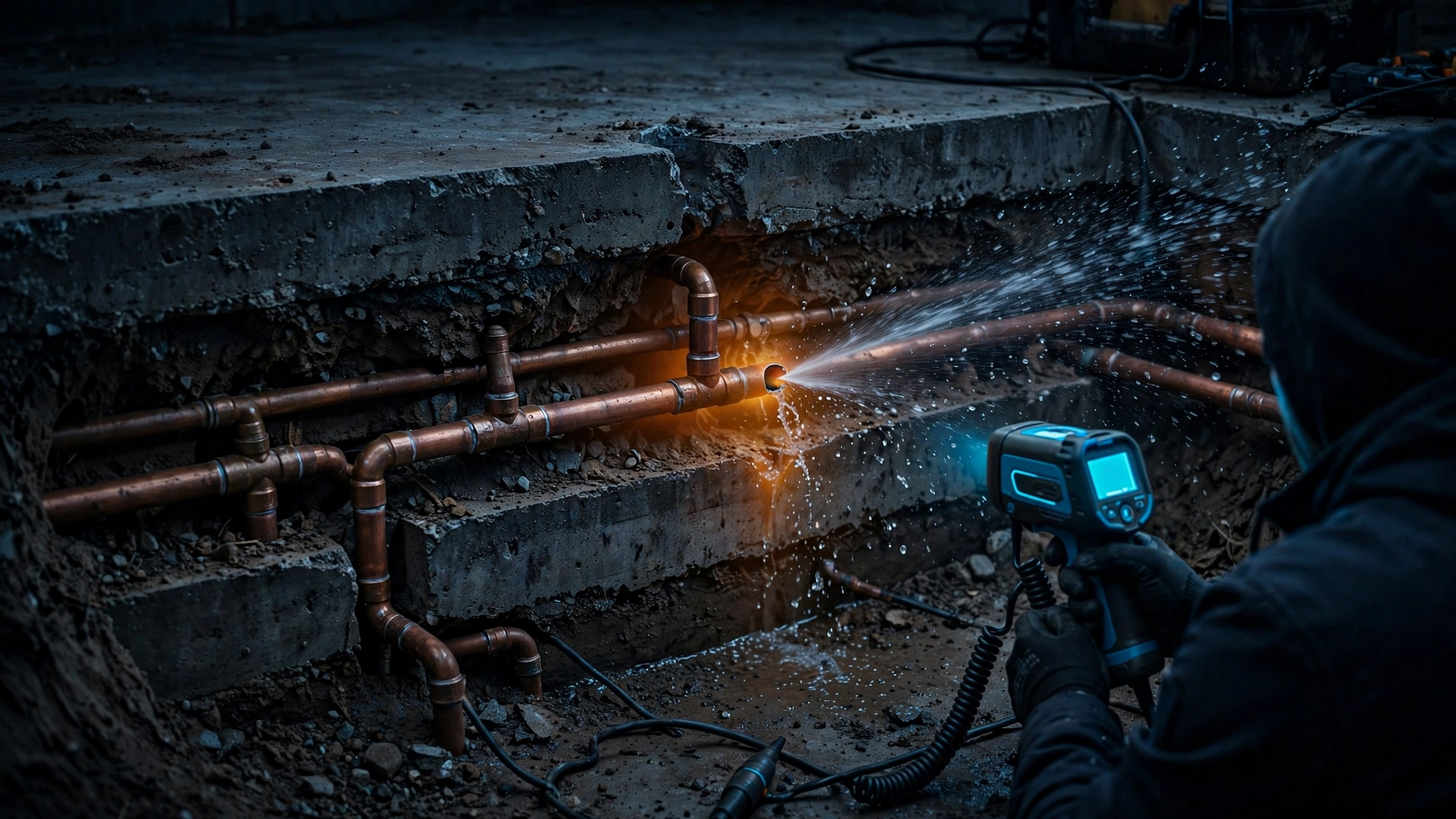 Concrete slab cross-section showing a copper water pipe with a hidden leak beneath a Camarillo home