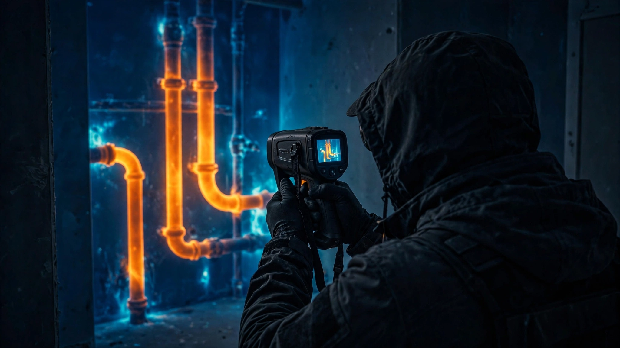 Infrared thermal camera view of a wall revealing hidden hot water pipes and a moisture pattern