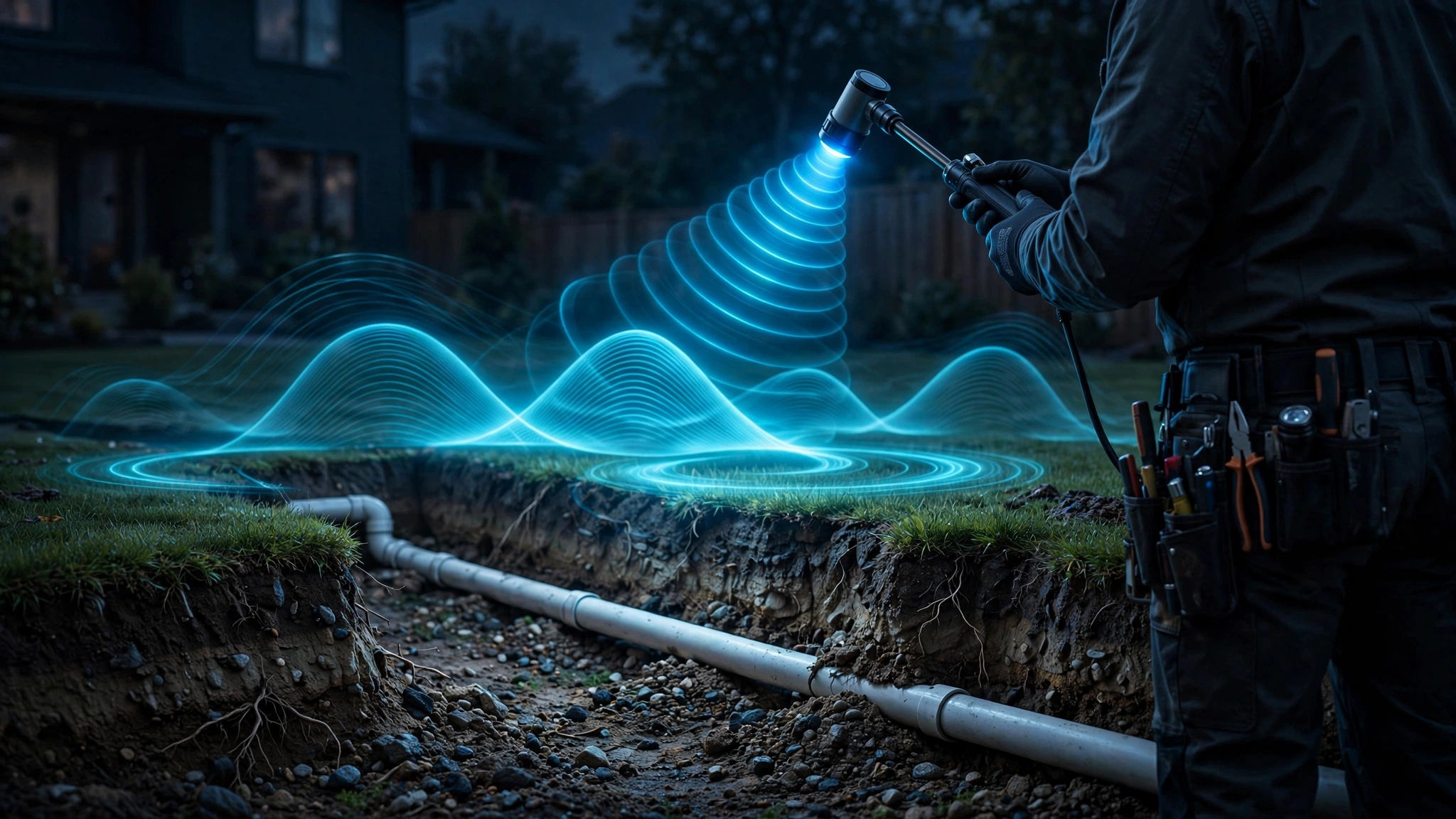 Technician electronically tracing a buried water line in a Camarillo yard to pinpoint an underground leak